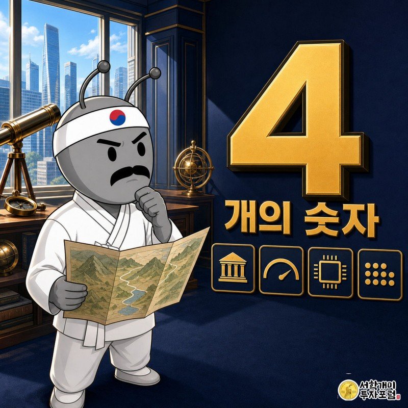 오늘의 숫자 4 — 기준금리 3%와 엔비디아 106%가 코스피에 한 일 — 지배: 대형 「4」 + &#034;개의 숫자&#034; — 아래 타일 4개는 아이콘만(은행·성장 게이지·GPU 칩·점도표), 수치는 내부 인포그래픽으로 (보조 수치의 커버 진입 금지 규칙 준수)