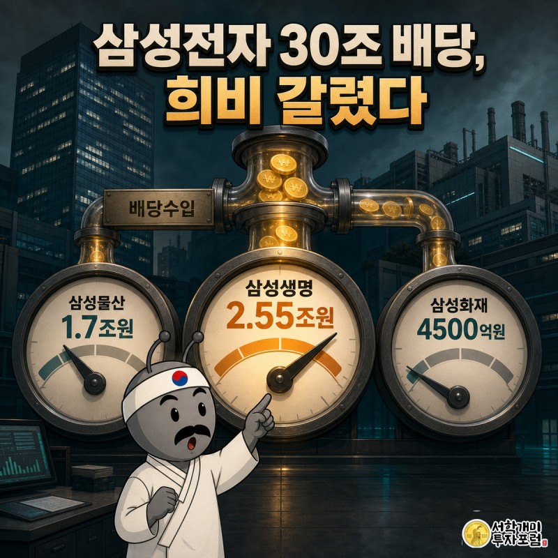 삼성전자 배당수입 게이지 세 개 앞에서 개미 캐릭터가 삼성생명 게이지가 가장 높게 오른 것을 보고 놀라는 모습