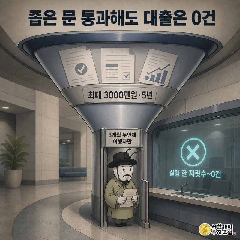 자영업자 개미들이 좁은 깔때기 자격 심사 문을 통과한 뒤 은행 창구에서 0건 도장을 마주하는 장면