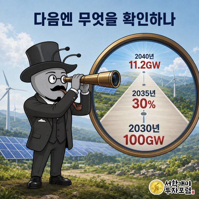 양반개미가 망원경으로 2030년, 2035년, 2040년 재생에너지 목표 이정표를 내다보는 인포그래픽