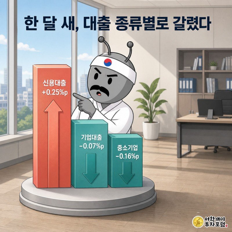 신용대출은 크게 오르고 기업대출과 중소기업 대출은 내려간 막대그래프 앞에서 개미가 놀라는 장면