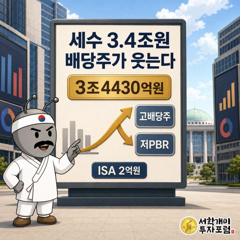 부자개미가 무대 스크린 앞에서 세수 3조4430억원 배지와 고배당·저PBR 종목으로 향하는 화살표 그래프를 보며 득의양양하게 웃고 있다.