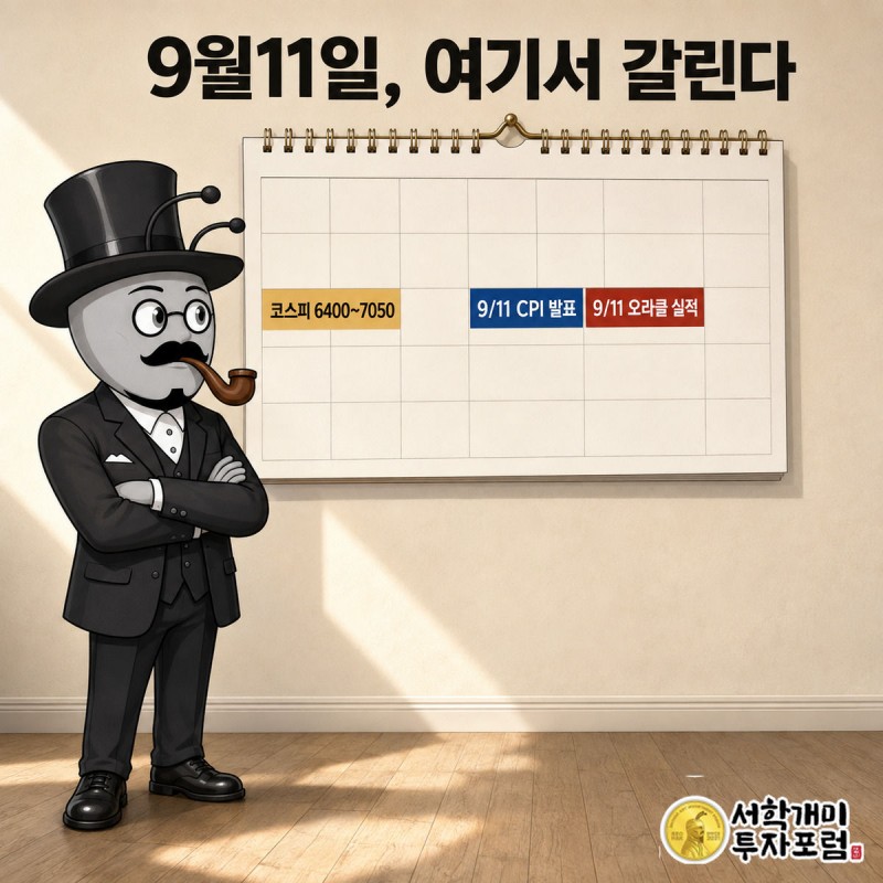 부자개미가 9월11일 CPI와 오라클 실적 발표 깃발이 꽂힌 캘린더를 신중하게 응시하는 모습