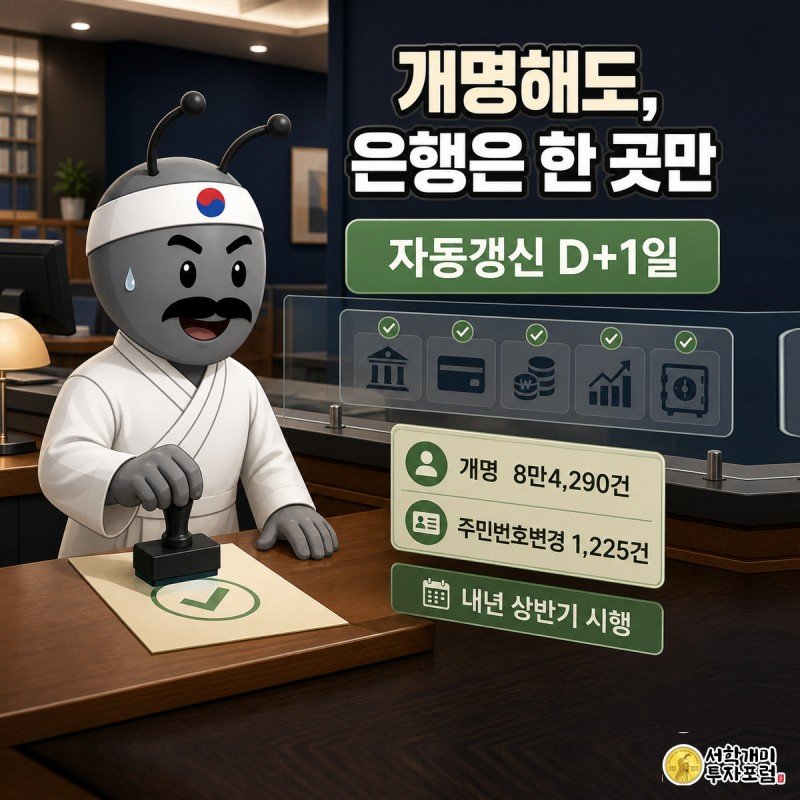 은행 창구에서 동의서에 도장을 찍은 개미가 안도하며 놀란 표정을 짓고, 배경 유리 너머로 여러 금융사 로고에 초록 체크가 켜지는 모습