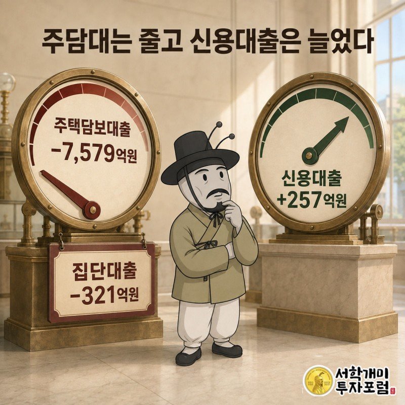 주택담보대출 계기판은 소폭 내려가고 신용대출 계기판은 소폭 올라가는 것을 개미가 갸웃거리며 바라보는 그림