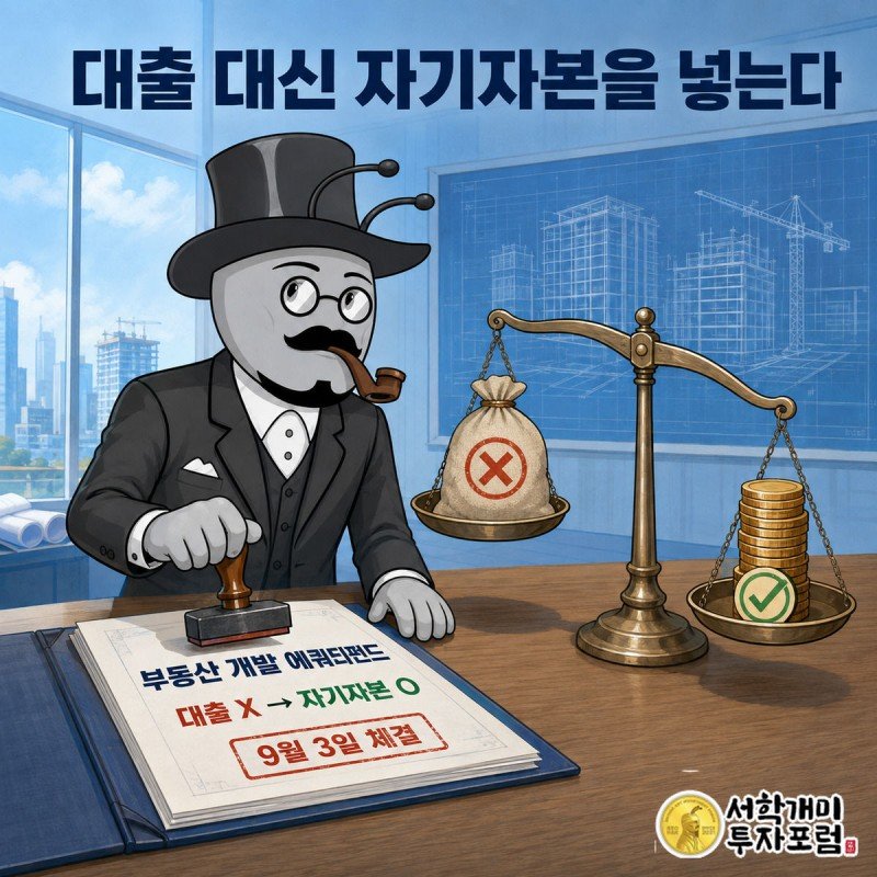 부자개미가 부동산 개발 에쿼티펀드 협약서에 도장을 찍고 대출 대신 자기자본 방식을 가리키는 장면