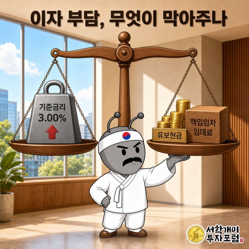 저울 위에서 금리 인상 추와 유보현금·책임임차 블록이 균형을 이루는 것을 부자개미가 지탱하는 그림