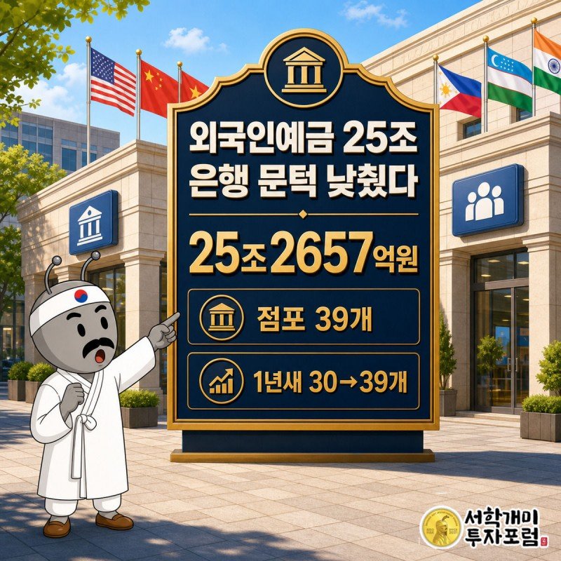 은행 지점가 앞에서 서민개미가 외국인 예금 25조2657억원 숫자 위젯을 놀란 표정으로 올려다보는 커버 이미지