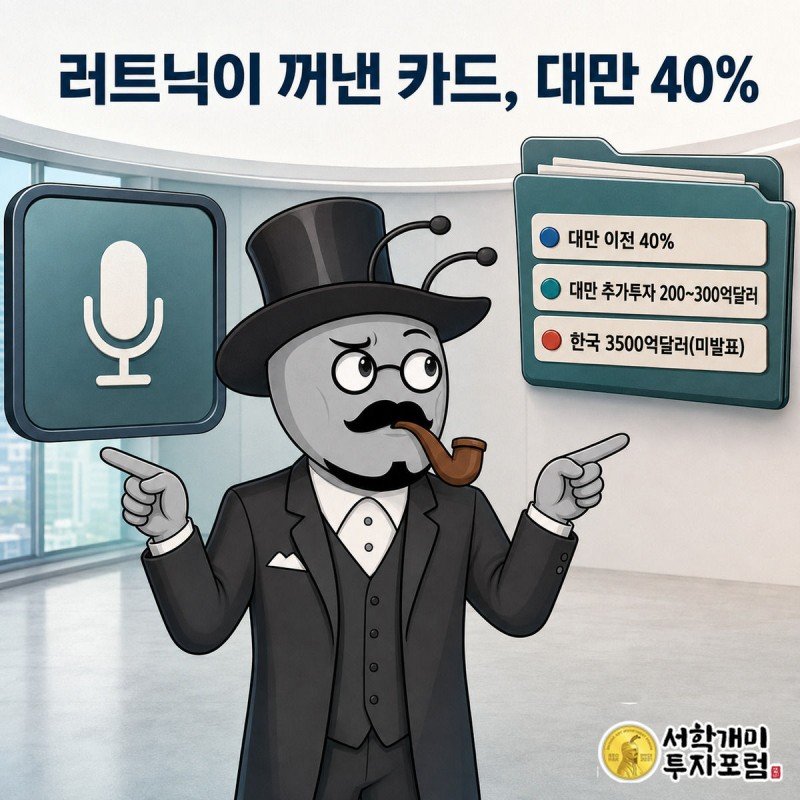 러트닉 장관 발언 자막과 텅 빈 한국 투자 서류철을 개미가 번갈아 살피는 그림