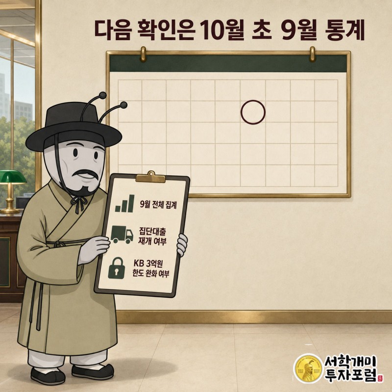 10월 초가 동그라미 쳐진 달력 앞에서 개미가 체크리스트를 들고 신중한 표정으로 서 있는 그림