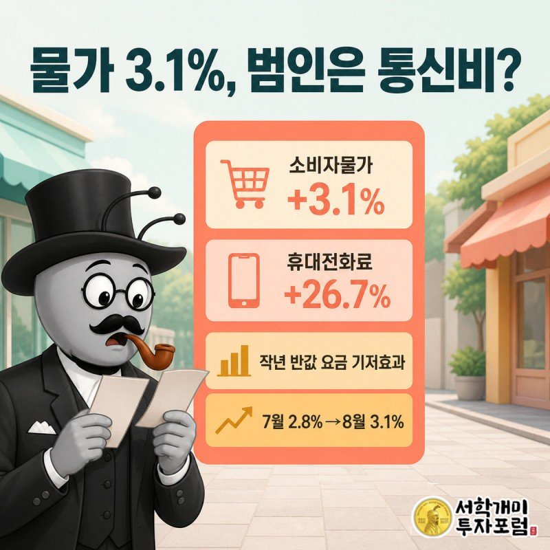 작년과 올해 휴대전화 고지서를 양손에 들고 당황하는 서민개미와 소비자물가 3.1% 위젯이 있는 표지 이미지
