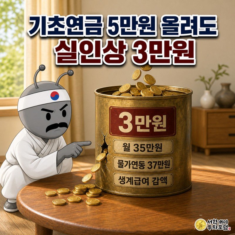 놋쇠빛 저금통에 5만원이 들어가지만 옆면 균열로 동전이 새어나가 실제로는 3만원만 남는 모습을 개미가 의심스러운 표정으로 가리키는 장면