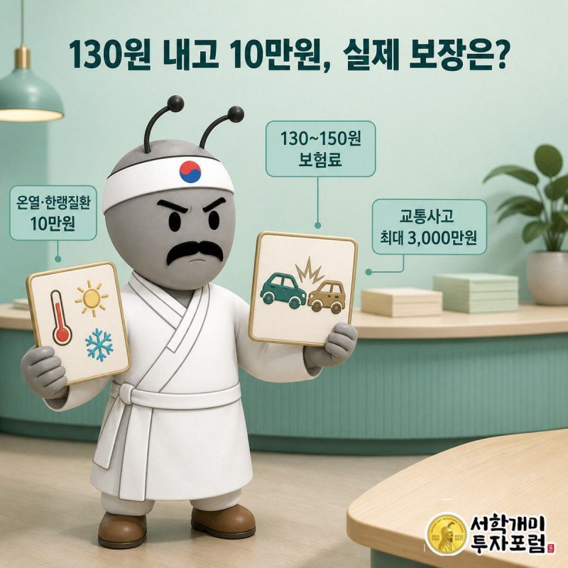 서민개미가 동양생명 미니기후질환보장보험과 ABL생명 미니상해보험 증서를 양손에 들고 비교하는 그림