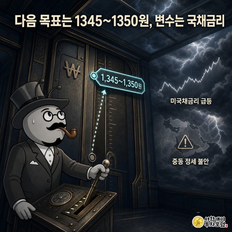 개미가 환율 눈금이 새겨진 엘리베이터를 조종하며 위쪽 1345~1350원 지점을 긴장한 표정으로 올려다보고, 천장 위로 먹구름 속 국채금리 그래프와 중동 지도 경고 아이콘이 비치는 모습