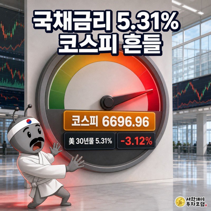 대형 금리 게이지 바늘이 5.31%를 가리키는 것을 보고 개미 캐릭터가 놀라는 코스피 6696.96 하락 표지 이미지