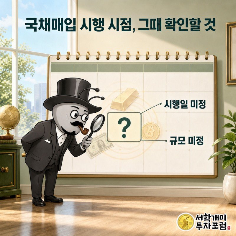 벽걸이 달력의 빈 날짜 칸을 돋보기로 들여다보며 궁금해하는 부자개미 이미지