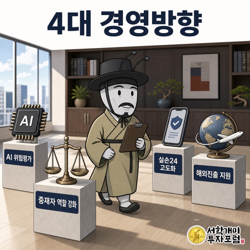 양반개미가 AI 위험평가·중재자 역할·실손24 고도화·해외진출 지원 네 아이콘 기둥을 클립보드로 확인하는 장면