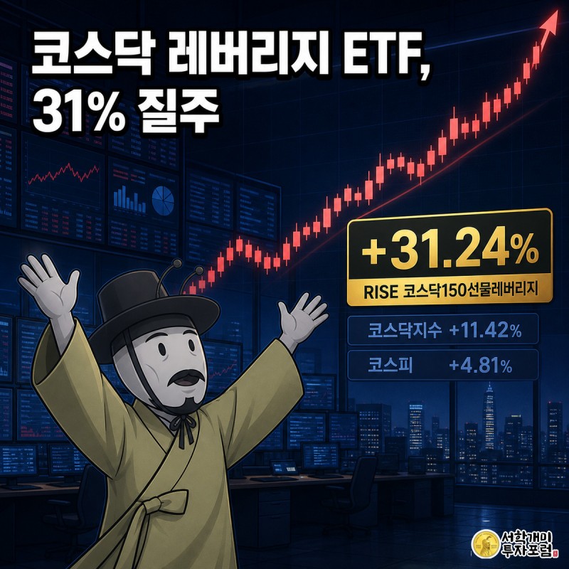 짙은 남색 트레이딩 화면 앞에서 개미가 붉게 치솟는 코스닥150 레버리지 차트를 올려다보며 놀라는 모습, 상단에 제목과 골드 배지 속 31.24% 수치가 표시된 일러스트