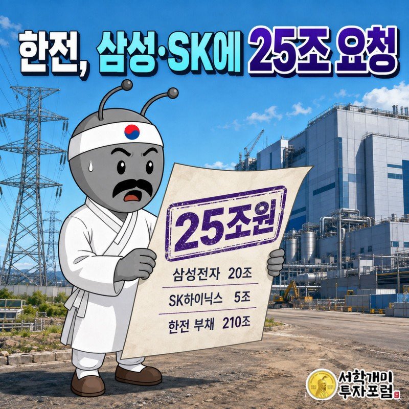 부자개미가 반도체 클러스터 송전탑 현장에서 한전이 내민 25조원 선납 청구서를 받아 들고 놀란 표정을 짓고 있다