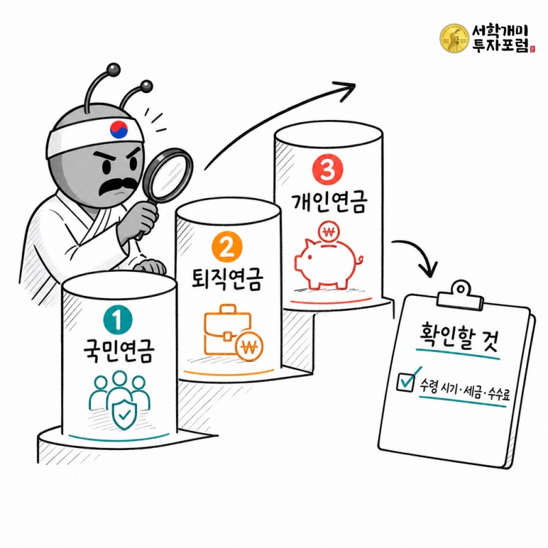 국민연금·퇴직연금·개인연금 3층 구조와 수령 시기·세금·수수료 확인점을 설명한 스케치노트