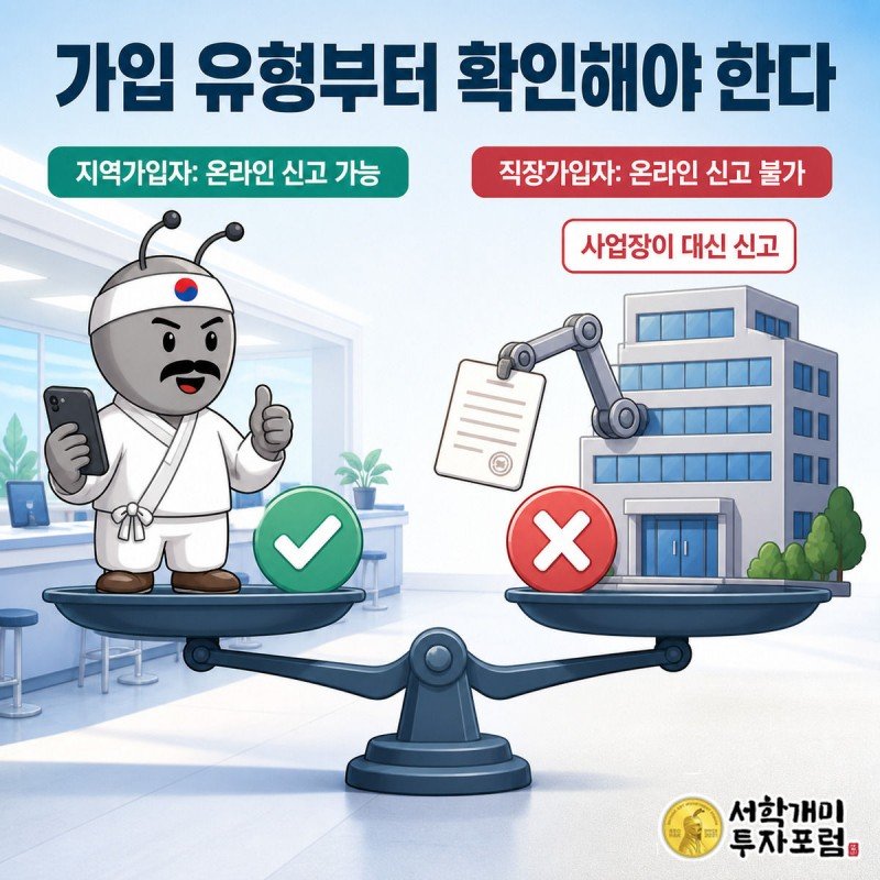 화면이 둘로 나뉘어 왼쪽엔 온라인 신고가 가능한 지역가입자, 오른쪽엔 불가능한 직장가입자를 대비해 보여주는 그림