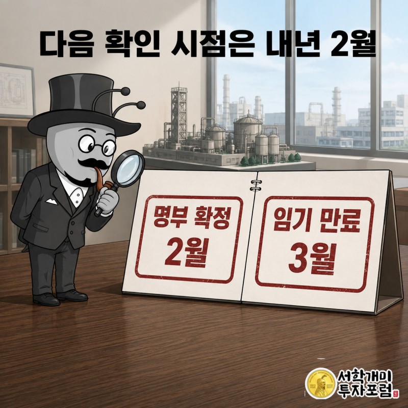 양반개미가 달력의 2월과 3월 칸에 찍힌 선거 명부 확정과 임기 만료 도장을 확인하는 장면