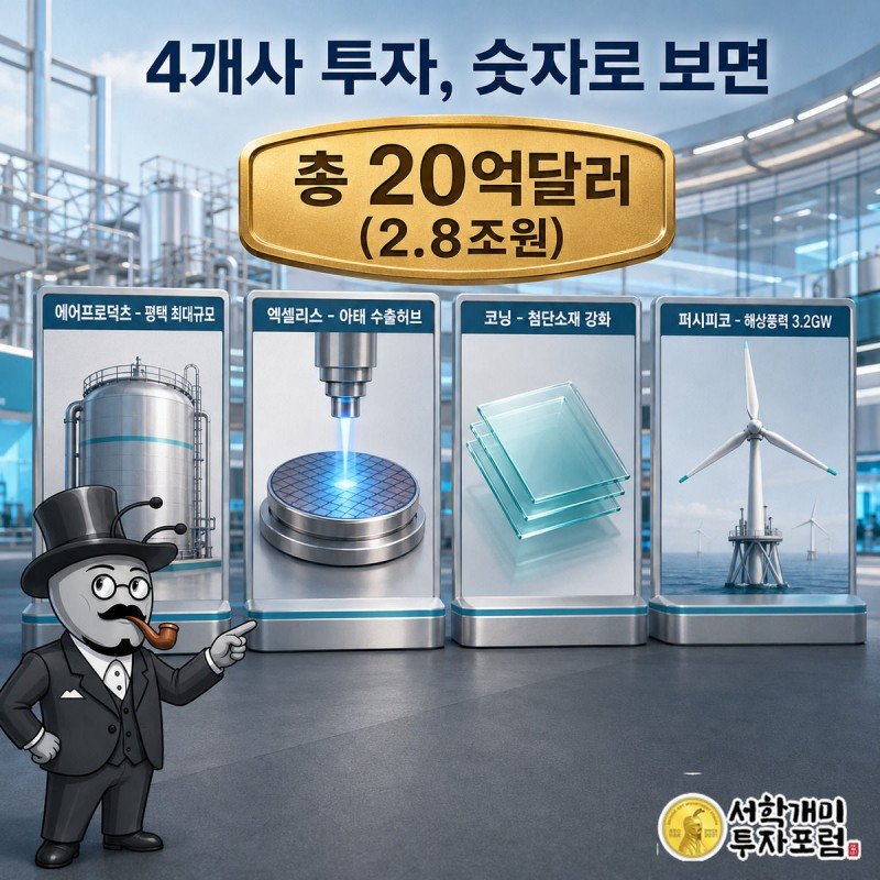 총 20억달러 배지 아래 에어프로덕츠·엑셀리스·코닝·퍼시피코에너지 4개 카드가 나란히 놓이고 개미가 가리키며 뿌듯해하는 그림