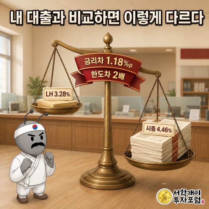 저울이 LH 대출 조건 쪽으로 기울고 서민개미가 무거운 시중대출 접시를 올려다보며 억울해한다