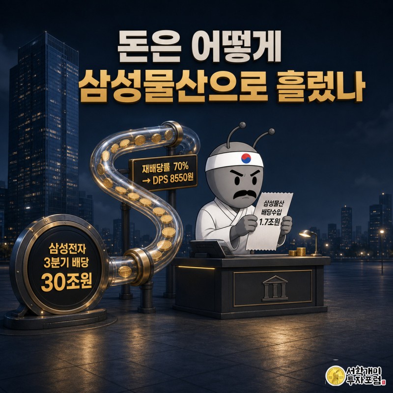 삼성전자에서 삼성물산으로 배당금이 파이프를 타고 흘러 DPS 8550원이 되는 계산 과정을 개미가 영수증으로 확인하는 일러스트