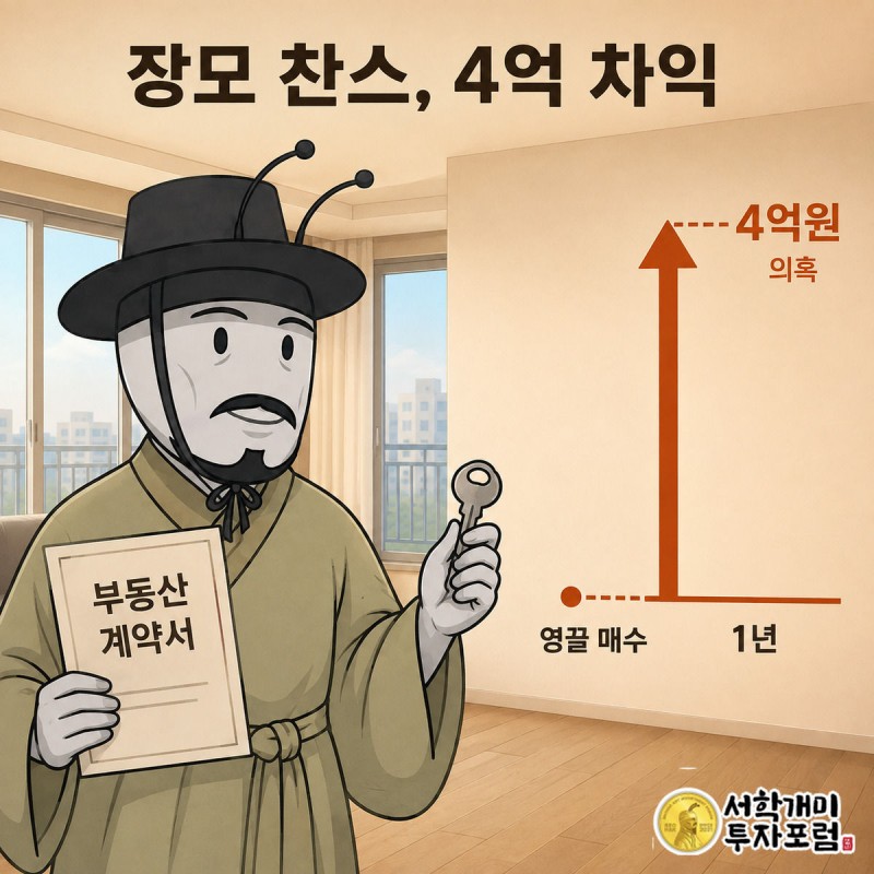 부자개미가 계약서를 들고 웃는 뒤로 1년 만에 급등한 집값 그래프가 걸려 있다