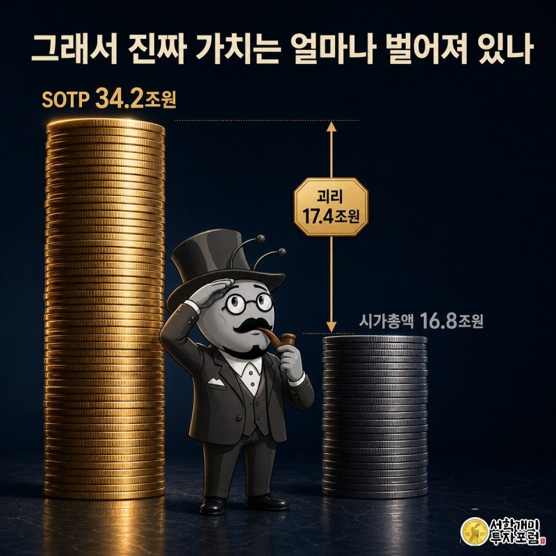 낮은 시가총액 동전탑과 훨씬 높은 잠재가치 동전탑 사이 간극을 개미가 올려다보는 모습