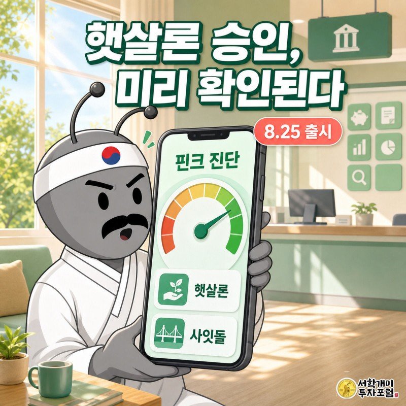 개미가 핀크 앱 화면 속 대출 승인 가능성 게이지를 들여다보며 놀라는 모습