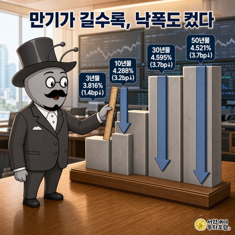 만기가 길수록 하락 화살표가 커지는 국고채 계단식 그래프 옆에서 개미가 자로 낙폭을 재는 모습