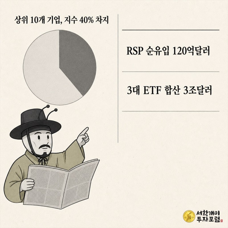 내지 2단 신문 지면 스타일로 상위 10개 기업이 지수의 40%를 차지한다는 파이 도표와, RSP 순유입 120억달러 대 시총가중 3대 ETF 합산 3조달러를 비교한 표를 보여주고 작은 개미 삽화가 도표를 가리키는 그림
