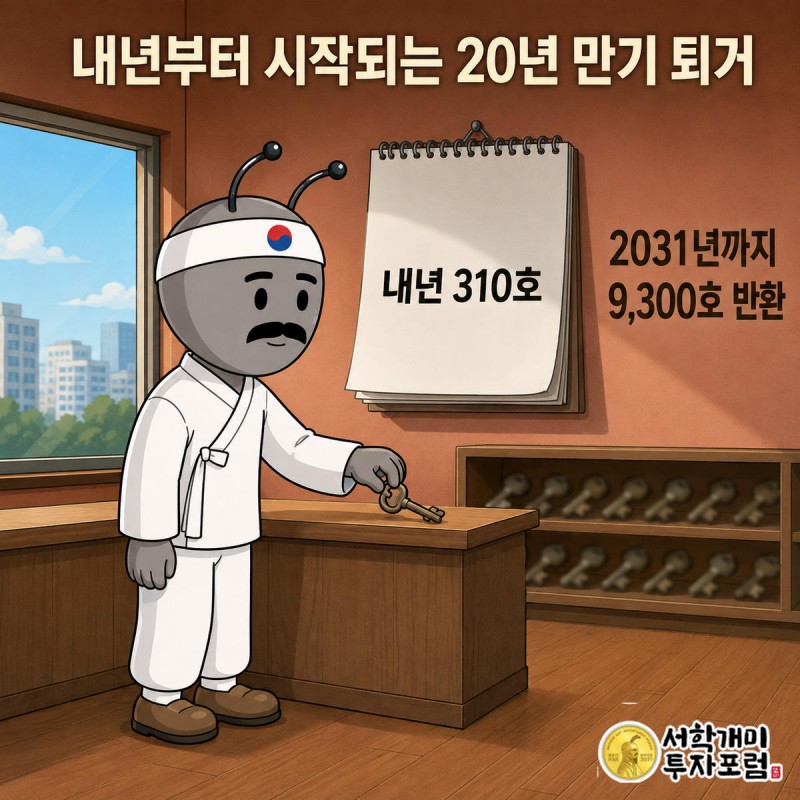 개미가 담담한 표정으로 열쇠를 반납하고 달력에 내년 310호가 표시된 장면