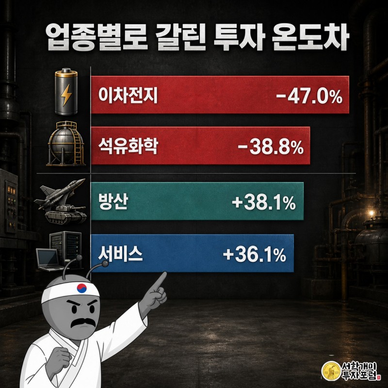 이차전지·석유화학은 캐펙스를 줄이고 방산·서비스는 늘린 업종별 순위 막대와 각 업종을 대표하는 개미 캐릭터들의 인포그래픽