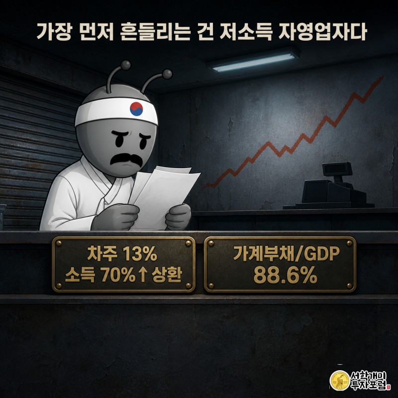 저축은행 창구에서 대출 서류를 쥔 자영업자 개미가 뒤편의 연체율 상승 그래프 앞에서 불안해하는 정보 일러스트