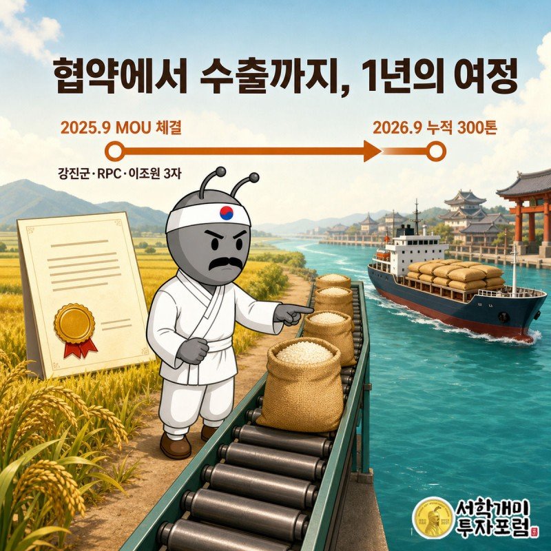 강진 들판에서 쌀가마니가 컨베이어를 거쳐 배에 실려 일본으로 건너가는 1년간의 수출 여정을 보여주는 타임라인 그림