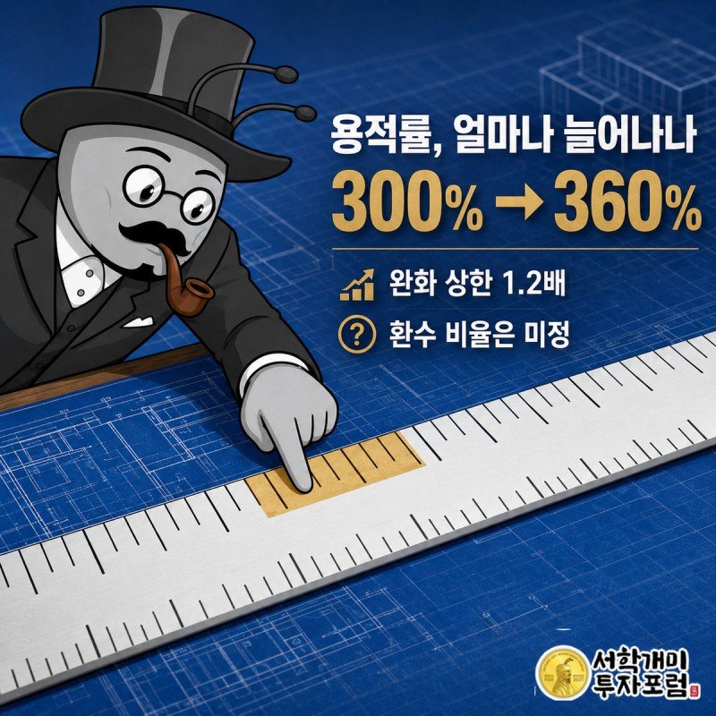 청사진 도면 위 눈금자로 용적률 300%에서 360%까지 늘어난 구간을 확인하는 개미 그림