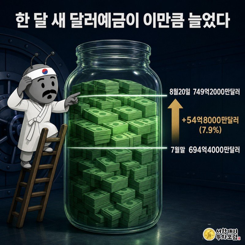 달러 지폐가 쌓인 대형 유리 저금통에 7월말과 8월20일 잔액 눈금이 표시되고, 사다리에 올라선 개미가 새로 늘어난 지폐 층을 놀란 표정으로 가리킨다