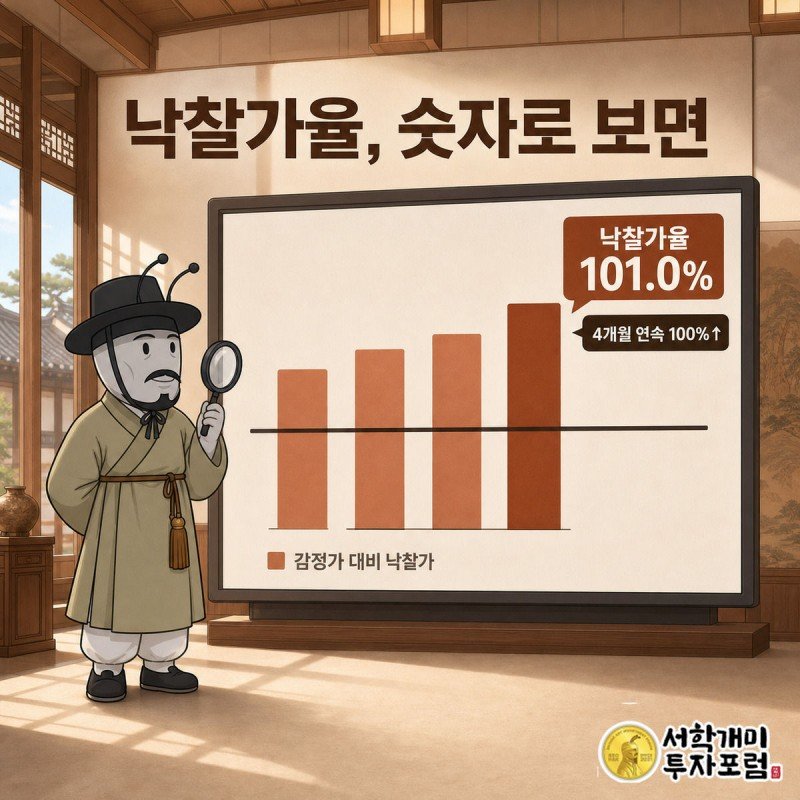 전광판의 네 달치 막대그래프가 100% 기준선을 넘어 101.0%에 이른 것을 개미가 돋보기로 확인하는 장면