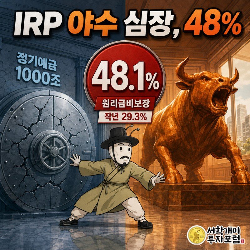 회청색 은행 금고와 주황빛 황소상 사이에 선 개미가 놀란 표정으로 IRP 원리금비보장 비중 48.1%를 가리키는 삽화