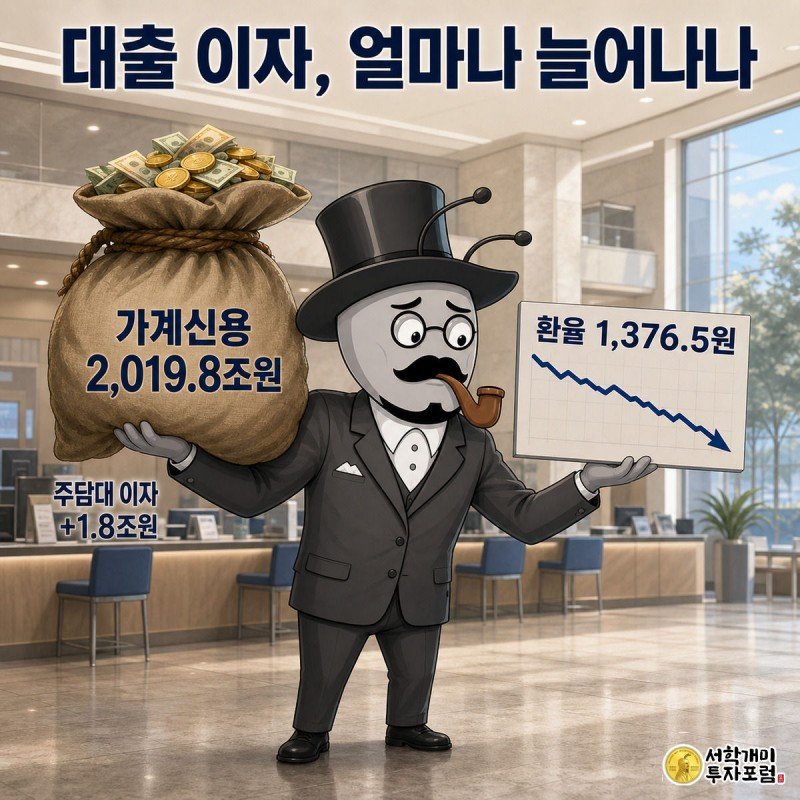 개미가 무거운 이자 부담 자루와 가벼운 환율 그래프판을 양손에 들고 저울질하는 인포그래픽
