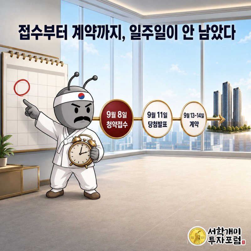 9월 8일 청약접수부터 계약까지의 일정을 달력과 이정표로 보여주며 개미가 시계를 들고 확인하는 이미지