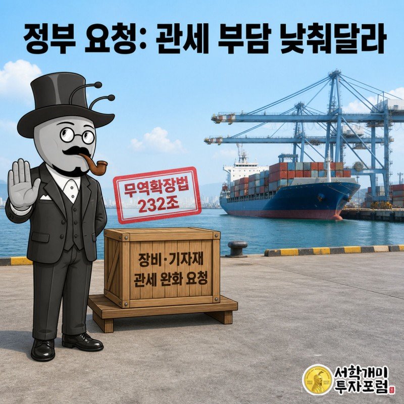 양반개미가 장비 상자 위로 내려오는 관세 도장을 손을 들어 만류하며 관세 완화를 요청하는 모습을 그린 그림