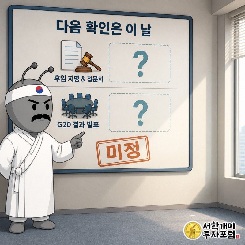 물음표가 걸린 달력에서 후임 지명·청문회와 G20 결과 발표 일정을 손가락으로 짚는 서민개미 그림