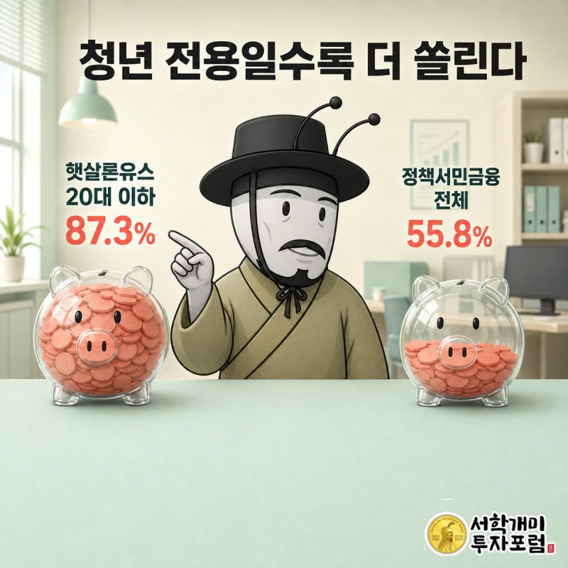 청년전용 햇살론유스 저금통은 20대 이하 몫으로 거의 가득 차 있고 옆의 정책서민금융 전체 저금통은 절반쯤 채워져 있어 서민개미가 비교하며 놀란다.