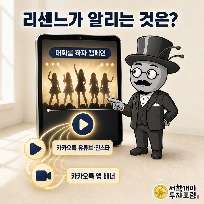 서민개미가 태블릿으로 리센느 출연 캠페인 영상을 보고 있고 화면 주변에 유튜브와 인스타그램 아이콘이 퍼져나간다