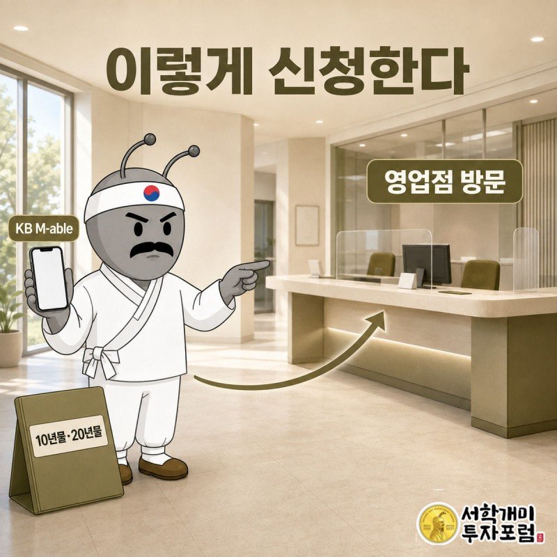 개미가 스마트폰 앱과 영업점 창구 두 신청 경로를 손짓으로 가리키는 모습