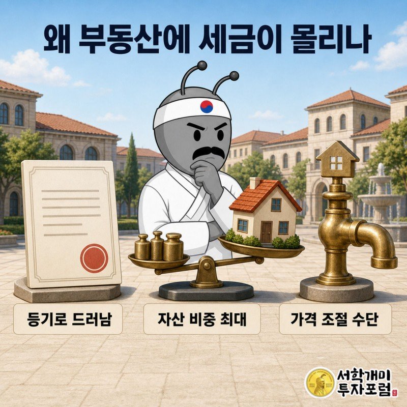 등기부, 자산 저울, 가격 조절 수도꼭지 아이콘을 부자개미가 의심스러운 표정으로 살펴보는 모습